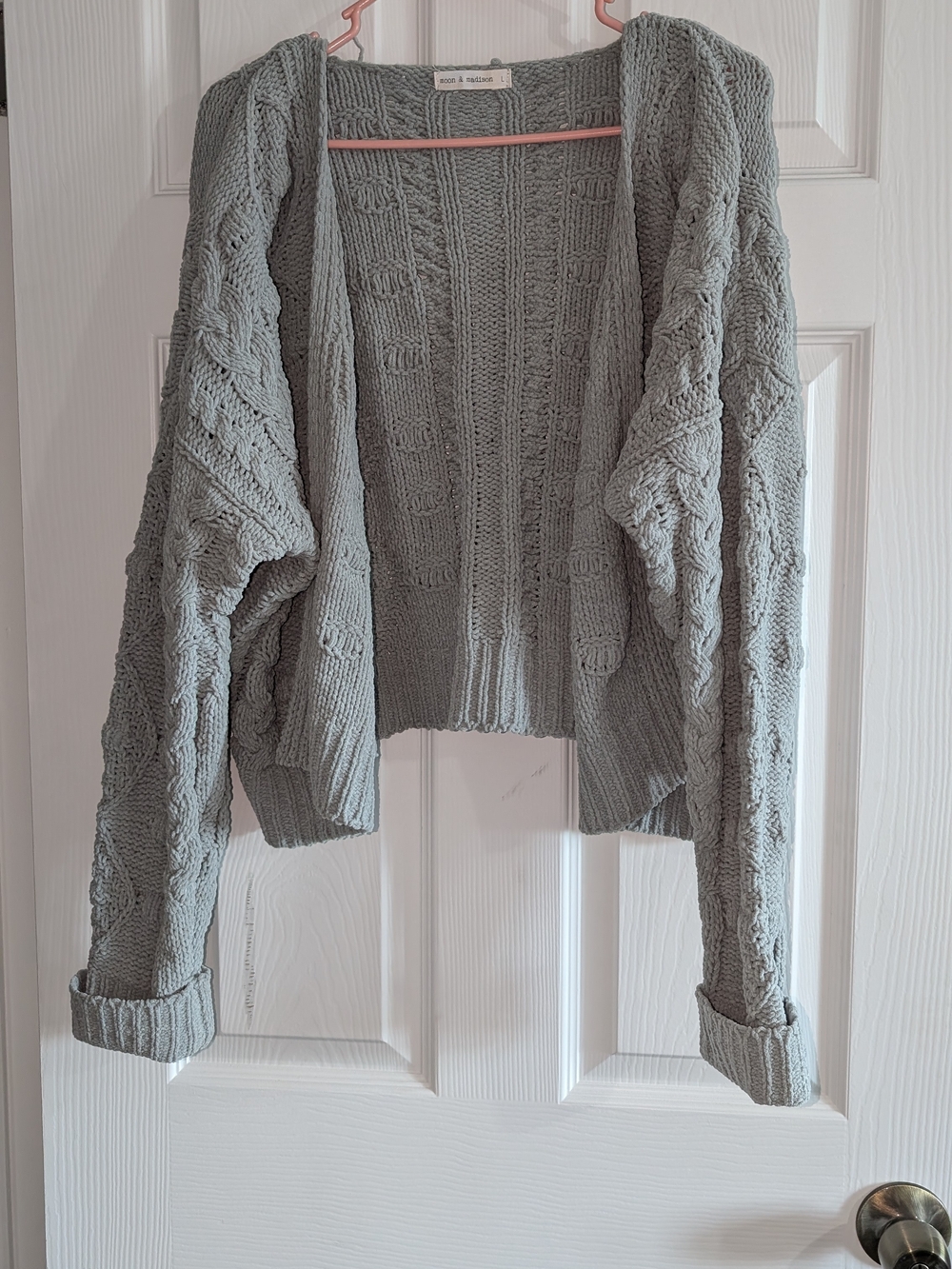 moon & madison Mint Green Chunky Open-Front Cable Cardigan